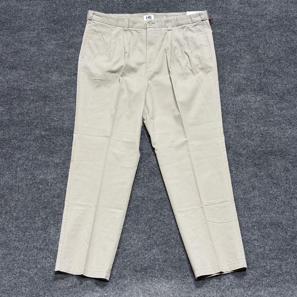 Harbor Bay Pants Mens 44x33 Khaki Pleated Waist-Relaxer Loose Fit Cotton